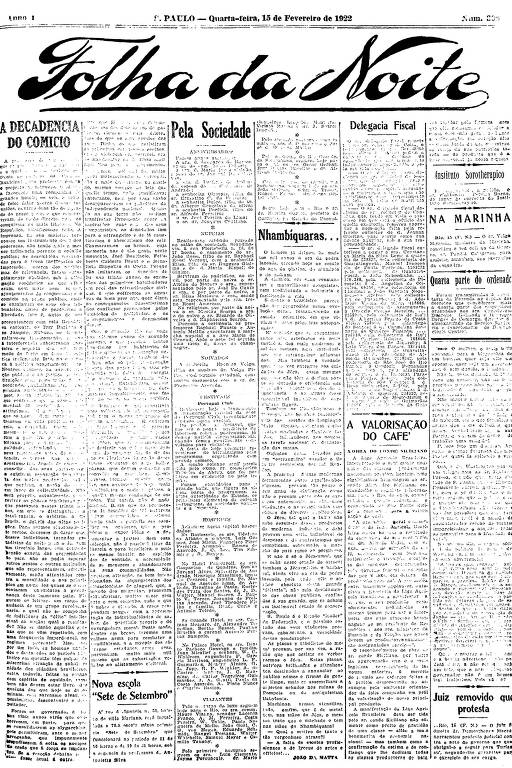 Primeira Página da Folha da Noite de 15 de fevereiro de 1922