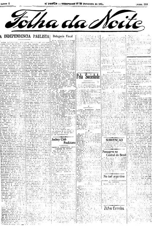 Primeira Página da Folha da Noite de 17 de fevereiro de 1922