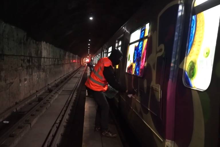 Pichador vandaliza trem do Metrô de São Paulo