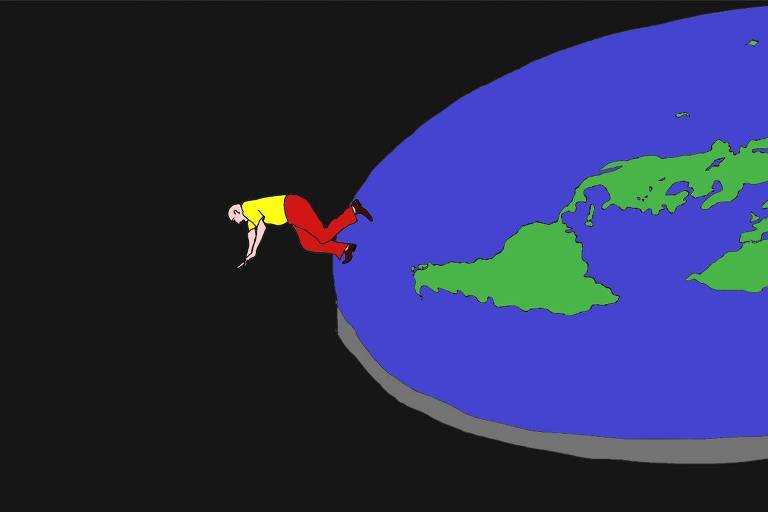 Ilustração de Annette Schwartsman para a coluna de Hélio Schwartsman deste domingo (26.dez) exibe um homem caindo na borda do mundo,  em alusão ao terraplanismo.