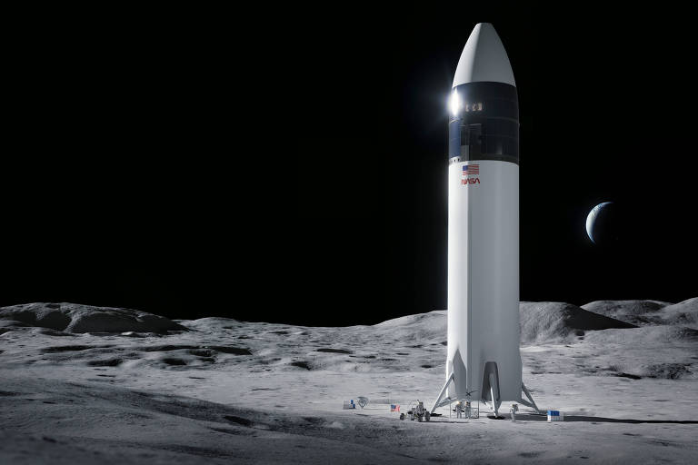 Em ilustração, o grande foguete Starship na superfície da Lua, com a Terra ao fundo