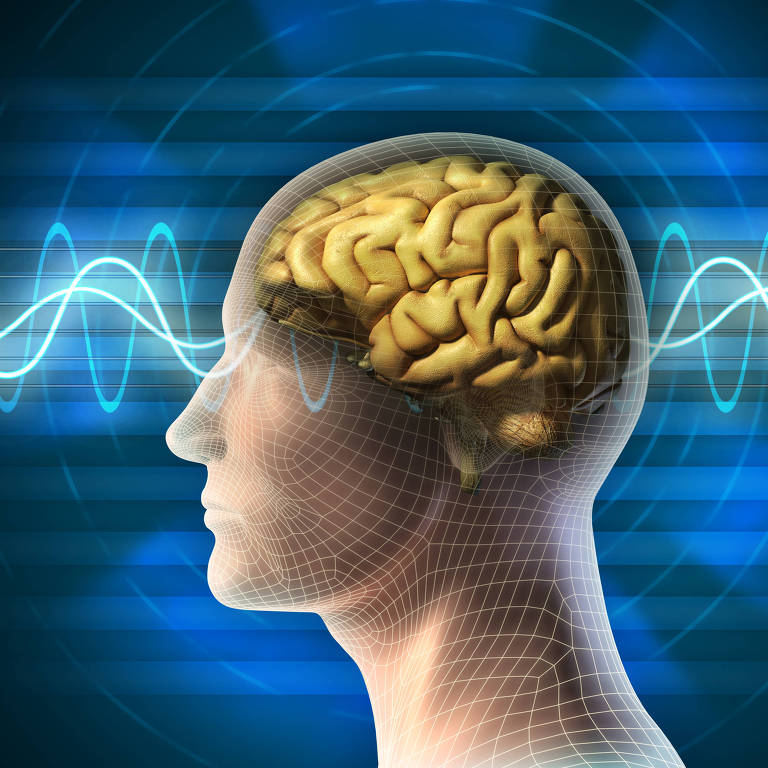 Ilustração de um cérebro dentro do crânio de um homem, com ondas de eletricidade passando por trás