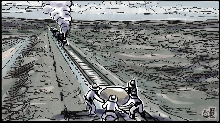 Ilustração representando um trem que percorre uma estrada de ferro em cima da qual quatro homens depositam uma grande pedra, à frente da locomotiva