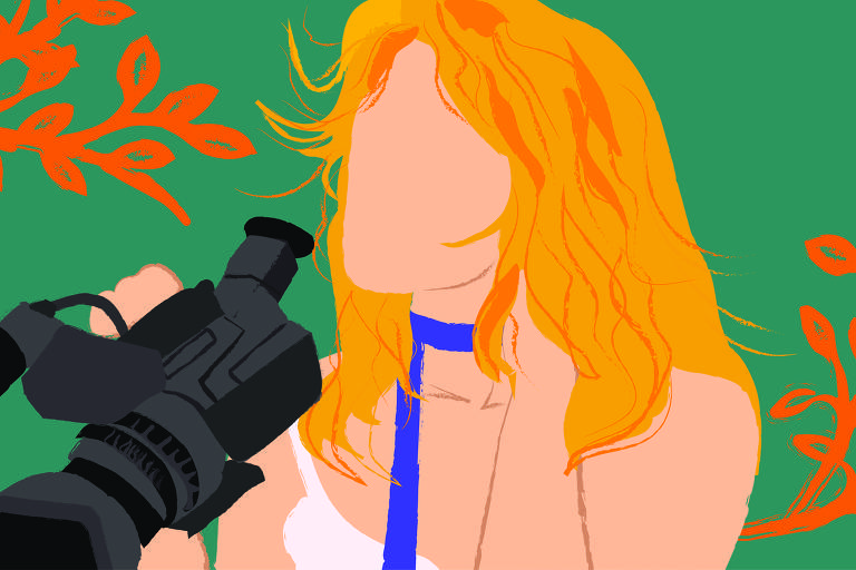 Ilustração representando uma mulher branca segurando uma câmera de filmagem