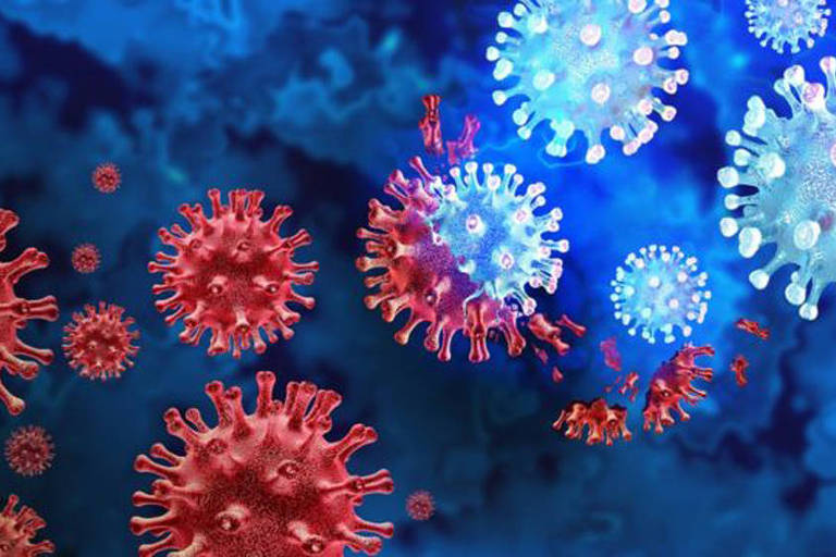 Imagem de fundo azul com varias ilustracoes graficos do coronavirus Sars-CoV-2 em azul claro e vermelho