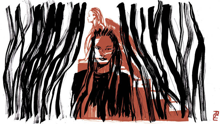 Ilustração representando o busto de mulher de tranças entre linhas tracejadas negras