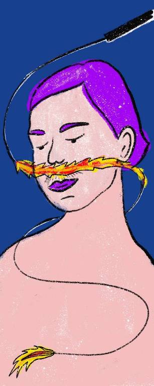 Ilustração representando uma mulher tendo uma linha flamejante passada sobre seu buço
