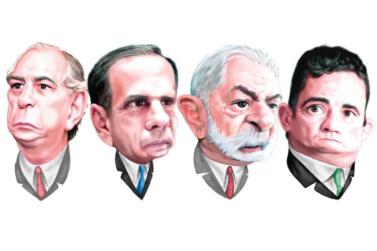 ilustração de quatro homens brancos, do pescoço pra cima, de terno e gravata