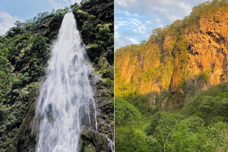 A cachoeira Boca da Onça, a mais alta de Mato Grosso do Sul, como era antes e a situação atual, sem água devido à seca em pleno período de chuvas
