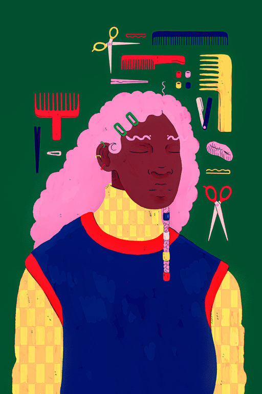 mulher com cabelos rosados e cacheados em meio a vários desenhos de pentes