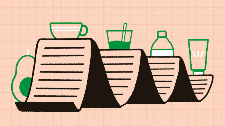 Ilustração representando uma grande lista que faz ondas em cujos cumes se encontram itens de cozinha, como xícaras, copos e garrafas