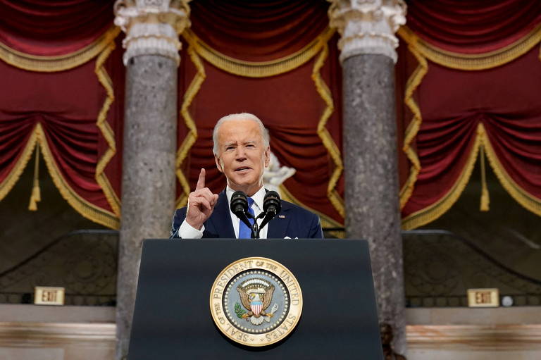O presidente dos EUA, Joe Biden, durante discurso no Congresso, em Washington