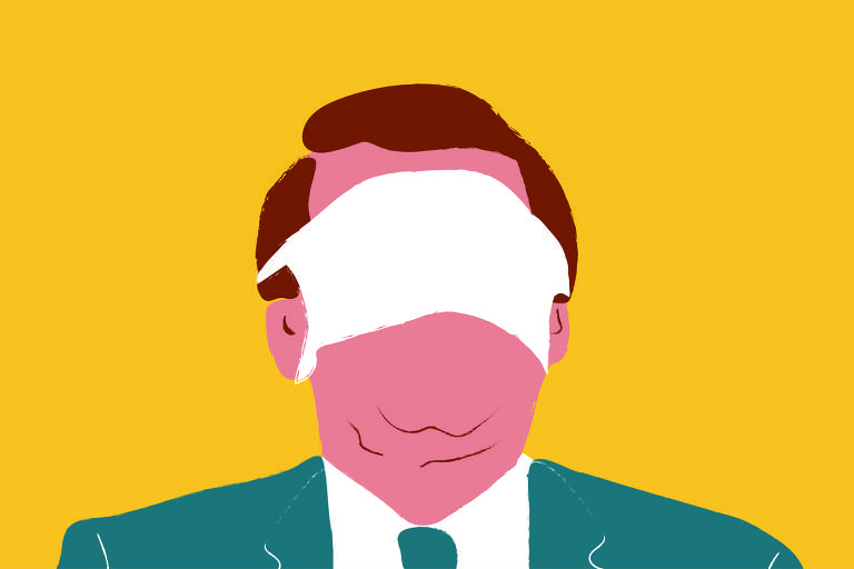 Ilustração representando Bolsonaro com uma máscara presa sobre os olhos