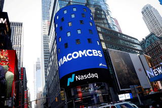 FILE PHOTO: The ViacomCBS logo is displayed on the Nasdaq MarketSite to celebrate the company's merger, in New York