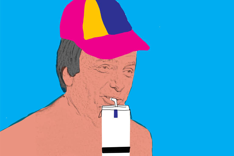 Ilustração representando Bolsonaro com um boné colorido e bebendo uma caixinha de remédio pelo canudinho