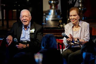 Former U.S. President Jimmy Carter and his wife, former first lady Rosalynn Carter celebrate their 75th wedding anniversary in Plains, Georgia