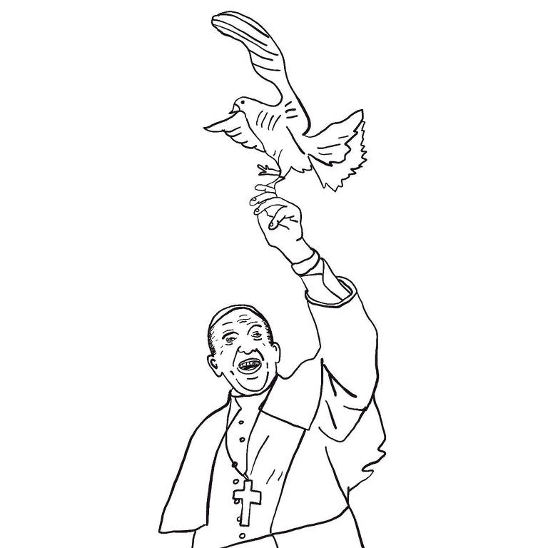 Ilustração do Papa Francisco sorrindo com o braço esquerdo levantado para cima enquanto uma pomba começa a levantar voo a partir de sua mão.