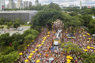 Carnaval em Sao Paulo .Blocos de rua.  Puplico acompanha tradicional Bloco Galo da Madrugada (de Recife) durante  desfile na av Pedro ALvares de Cabral, no Ibirapuera