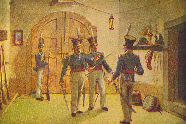 Militares rendem outro oficial durante a Revolução Liberal do Porto, em 1820. Quadro de Roque Gameiro