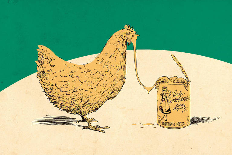 Ilustração de uma galinha parada em frente a uma lata de leite condensado aberta com camarões dentro. A galinha e a lata estão ligados por um fio viscoso que sai da bico do animal até um camarão que está dentro da lata.