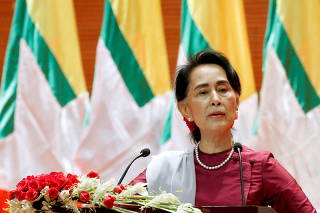 FILE PHOTO: Myanmar State Counselor Aung San Suu Kyi delivers a speech to the nation over the Rakhine and Rohingya situation in  Myanmar