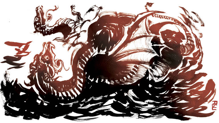Ilustração abstrata representando um dragão tombado