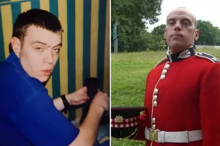 Paul Boggie foi viciado em heroína (à esquerda) por muitos anos antes de mudar de vida e se juntar à Guarda Escocesa (à direita)