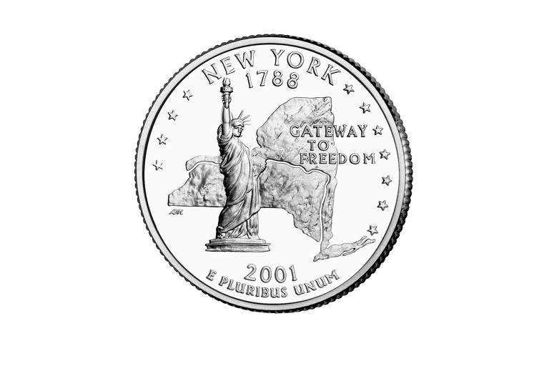 Moeda de 25 centavos celebra Nova York como parte do programa para homenagear os 50 estados americanos, que vigorou de 1998 a 2008