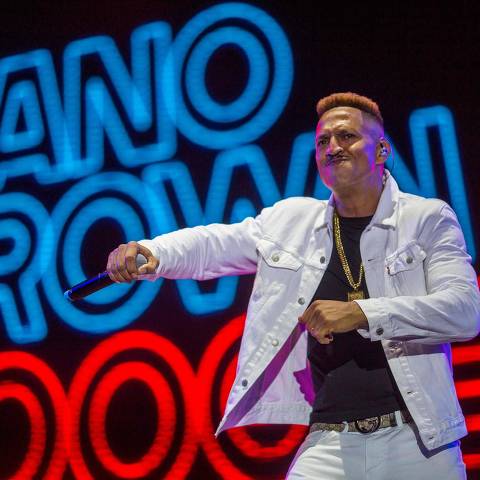 Brazilian rapper Mano Brown perfoms during the Rock in Rio festival at the Olympic Park, Rio de Janeiro, Brazil, on September 27, 2019. - The week-long Rock in Rio festival starts this Friday with international stars as headliners, over 700,000 spectators and social actions including the preservation of the Amazon. (Photo by Daniel RAMALHO / AFP)