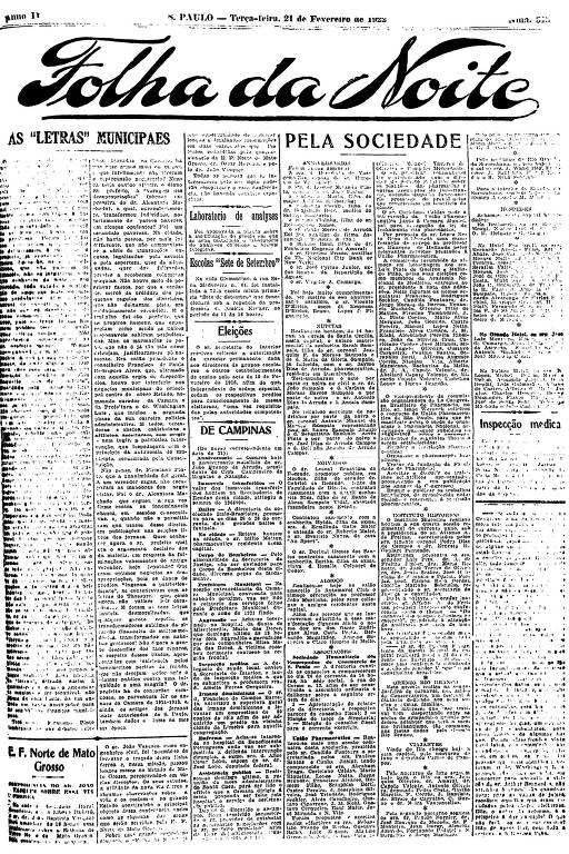 Primeira Página da Folha da Noite de 21 de fevereiro de 1922
