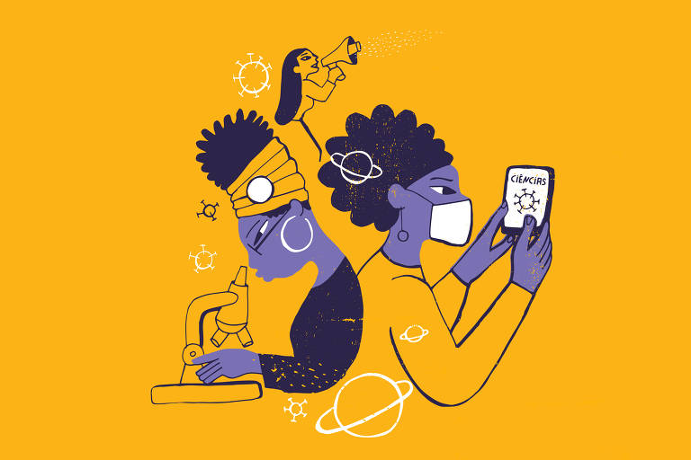 Ilustração com mulheres cientistas com fundo amarelo.