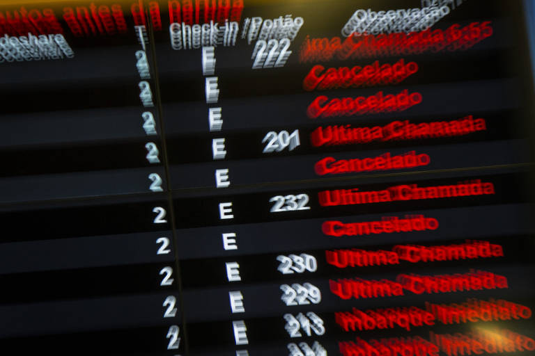 painel preto de indicação de embarque em aeroporto, com letreiro vermelho e branco