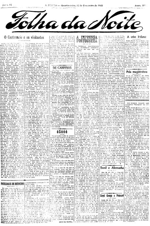 Primeira Página da Folha da Noite de 22 de fevereiro de 1922 