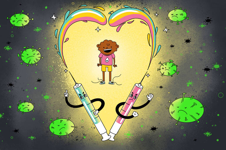 Ilustração mostra criança ao centro, ao redor dela, formando um coração duas seringas despejam um líquido. Ao redor das seringas, diversos coronavírus