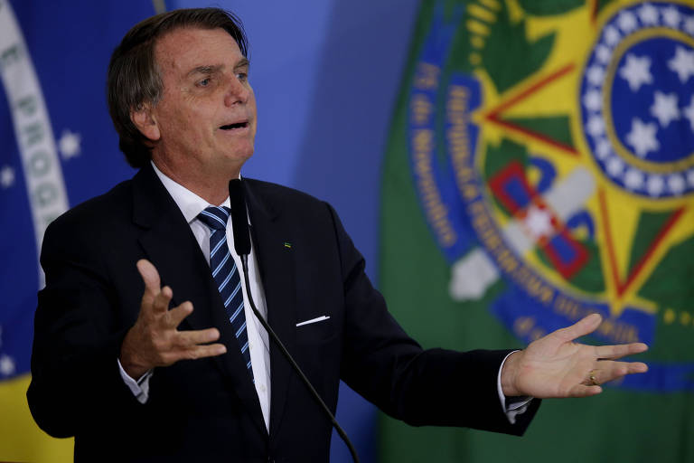 Bolsonaro, um homem branco, cabelos castanhos grisalhos e terno, gesticula diante das bandeiras do Brasil e da Insígnia