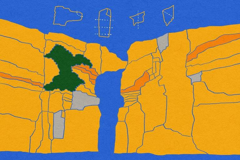 Arte ilustra blocos amarelos com uma fenda azul que remetem ao paredão que desabou no lago de Furnas, em Capitólio (MG)