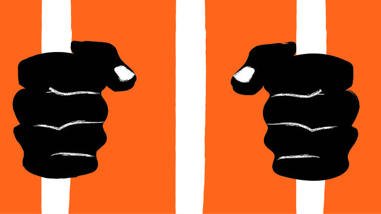 Ilustração representando duas mãos negras segurando barras de grade de uma prisão