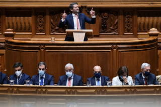 Andre Ventura from Chega far right party gestures during the debate on the 2022 state budget draft in first reading at the Portuguese Parliament in Lisbon