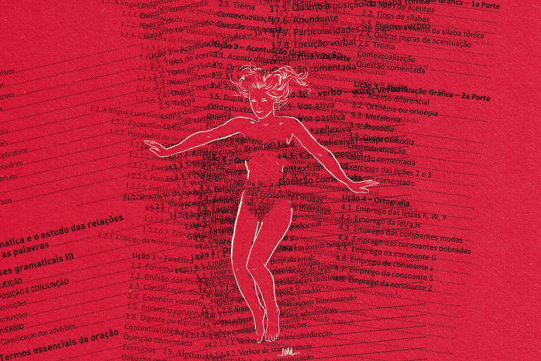 Ilustração com fundo vermelho, mostra mulher em pé, de braços abertos, só de roupa íntima. Passando através dela, textos em relação a gramática portuguesa.