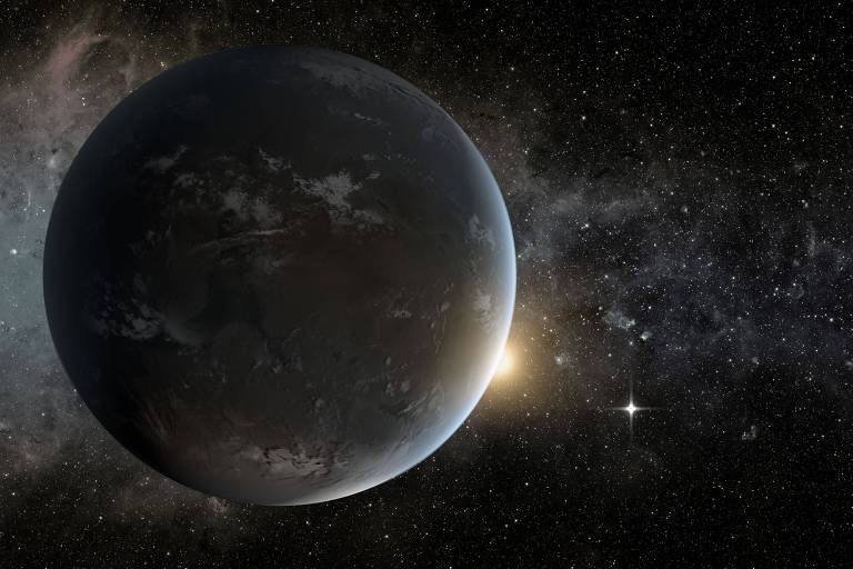 Concepção artística do planeta Kepler-62f, uma superterra com diâmetro 40% maior que o da Terra, orbitando uma estrela a 1.200 anos-luz daqui.