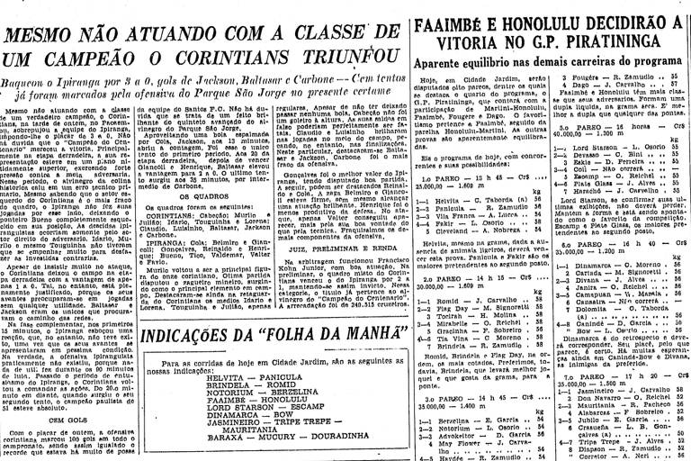 Folha de S.Paulo de 20 de janeiro de 1952 destaca o ataque do Corinthians, que chegou a cem gols no Campeonato Paulista