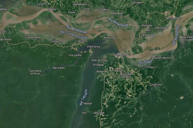 Imagem de reprodução do Google mostra encontro do Tapajós com o Amazonas