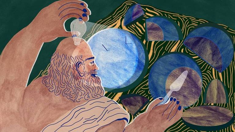 Arte ilustra o grego Eratóstenes segurando uma lâmpada sobre a cabeça que ilumina "fatias" da Terra
