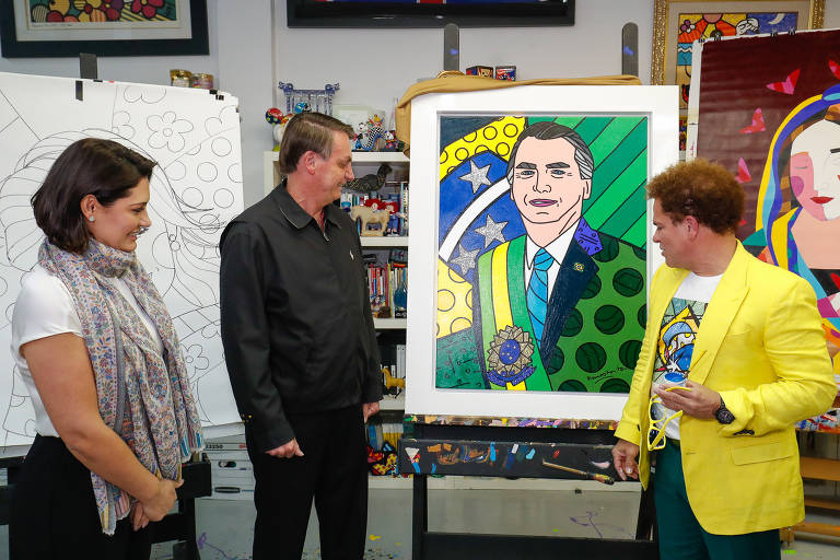 Ex-presidente Jair Bolsonaro acompanhado de Michelle Bolsonaro, visitam o visitam o estúdio de Romero Britto na Flórida, em 2020