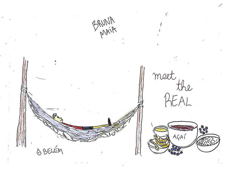 Ilustração com o tema Belém. Na imagem, há uma pessoa deitada em uma rede e um pote com açaí perto de outros potes menores com a legenda "meet the REAL açaí".