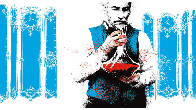 Ilustração de um homem com bigode vestindo camisa branca, colete azul e calça preta. Ele está segurando um decantador de vinho com líquido vermelho dentro na altura do peito e olhando para baixo.