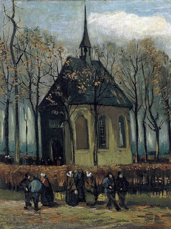 Congregação deixando a igreja reformada em Nuenen", Vincent van Gogh 1884-1885