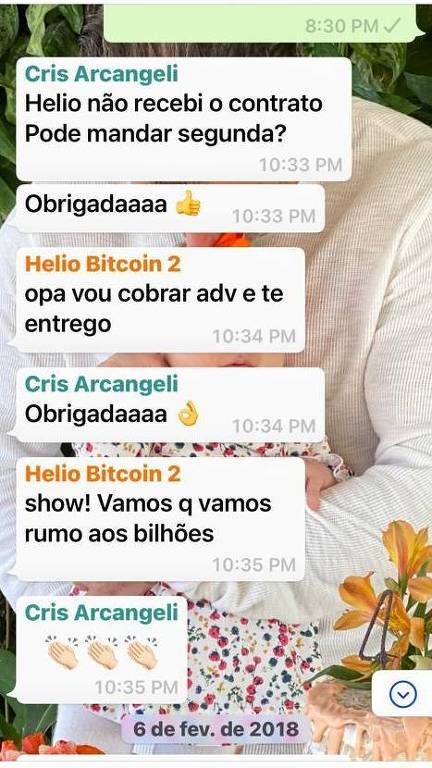 Mensagens mostram Cris Arcangeli negociando contrato e explicando criptomoedas a Álvaro Garnero