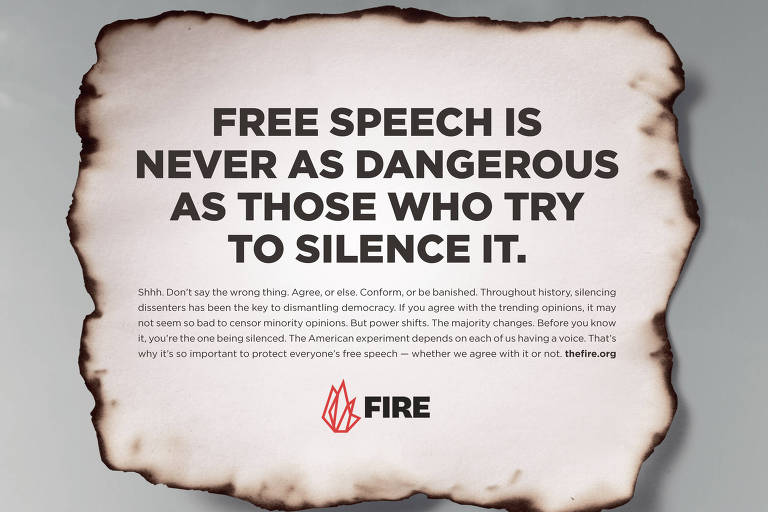 Anúncio publicitário da ONG Fire sobre a urgência de defender a liberdade de expressão nos EUA