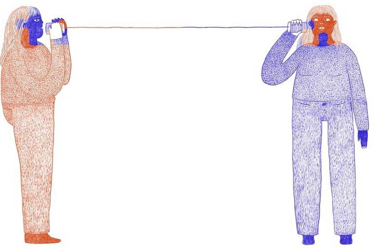 Arte ilustra duas pessoas, uma vestida de vermelho com rosto azul e outra vestida de azul com rosto vermelho, segurando duas "latinhas" conectadas por um fio, como em uma brincadeira de telefone sem fio.